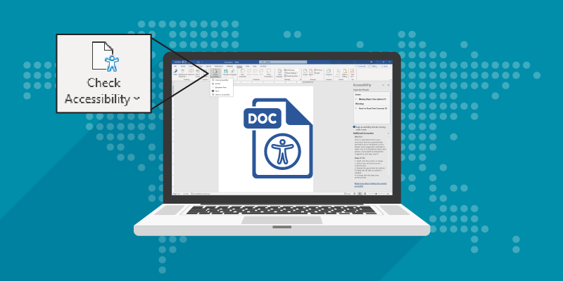 Laptop with Word on screen and the Accessibility Icon overlaid with a pop out of the Check Accessibility tool icon