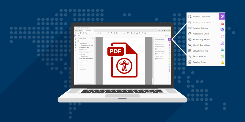 Laptop with Acrobat on screen & the Accessibility Icon overlaid with a pop out of the Accessibility tool list of options