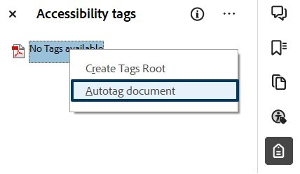 screenshot of Acrobat Pro’s Accessibility Tags panel with Autotag document option highlighted (as described in text above the image)