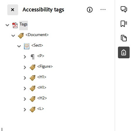 Acrobat's Accessibility Tags tool with tag tree. It includes a hierarchy of tag types for the document’s content (like paragraph and headings)
