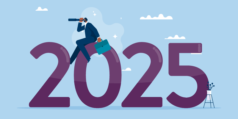 Illustration of large font "2025" with a person sitting on the zero holding a briefcase and looking through a telescope, highlighting looking back.