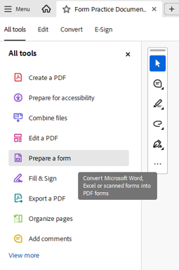 screenshot of Acrobat's All tools panel with Prepare a form highlighted.