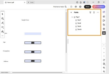 screenshot of the Fields panel with the list of active form fields, which can be edited or deleted. 