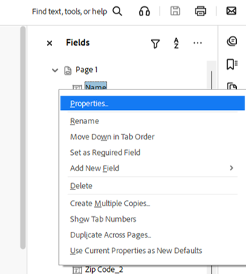 screenshot of Fields>Properties option as described in the text. 