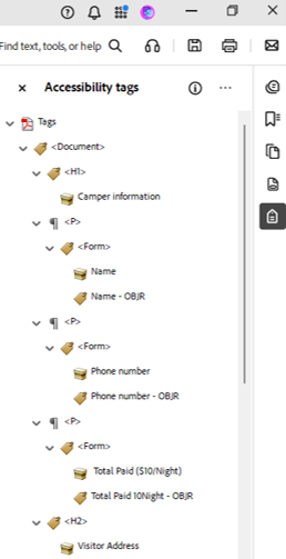 Acrobat Accessibility tags panel. The document's form fields for Name, Phone Number, & Total Paid are expanded to show their appropriate <Form> tag