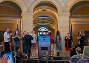 Organizations and advocates speak and rally at Outfront MN Lobby Day 2025 and HIV Day on the Hill
