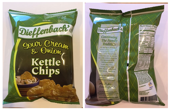 Recalled Dieffenback's Sour Cream and Onion Kettle Chip packaging - front and back