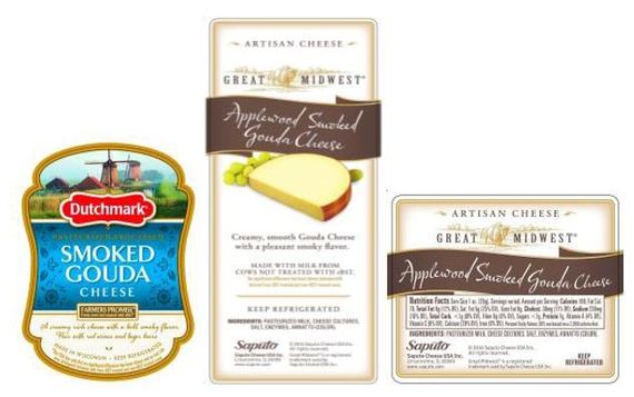 Photos of recalled cheese labels for Dutchmark and Great Midwest brand smoked gouda