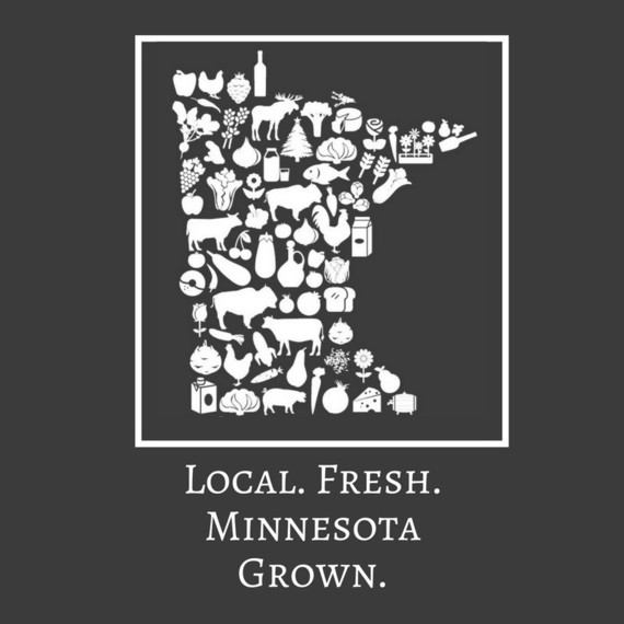 Graphic of the state of Minnesota made up of a variety of vegetables and animals our farmers grow and raise. 