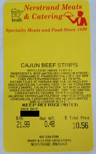Nerstrand Cajun Beef Strips Label