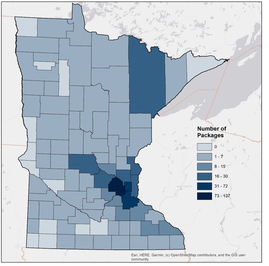 Map of Minnesota counties that submitted seed packages to the Minnesota Department of Agriculture.