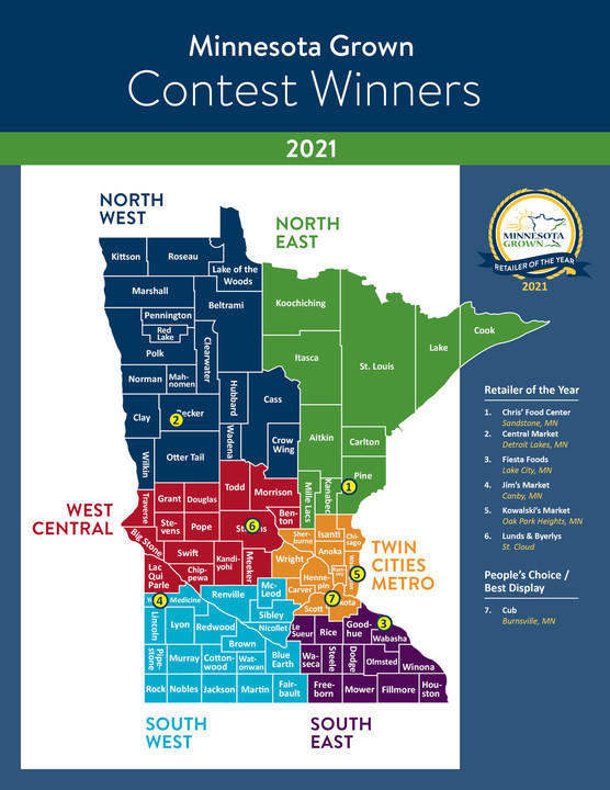 Map of Minnesota showing regions for Minnesota Grown Retailer of the Year award and winners