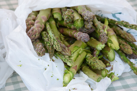 Asparagus spears wrapped in parchment.