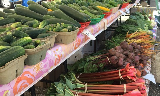 Market table with cucumber, zucchini, rhubarb, beets and more.