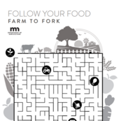 Picture of part of a maze coloring sheet with instructions to follow your food from farm to fork.