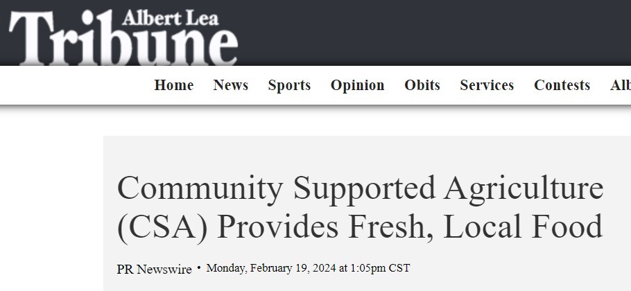 Screenshot of news article from Albert Lea Tribune. The title of the article says "Community Supported Agriculture (CSA) Provides Fresh, Local Food"
