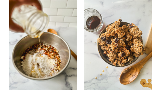 Two pictures of granola. In one, a glass jar is poring maple syrup into mixing bowl. The other is an overhead shot of a bowl filled with granola.
