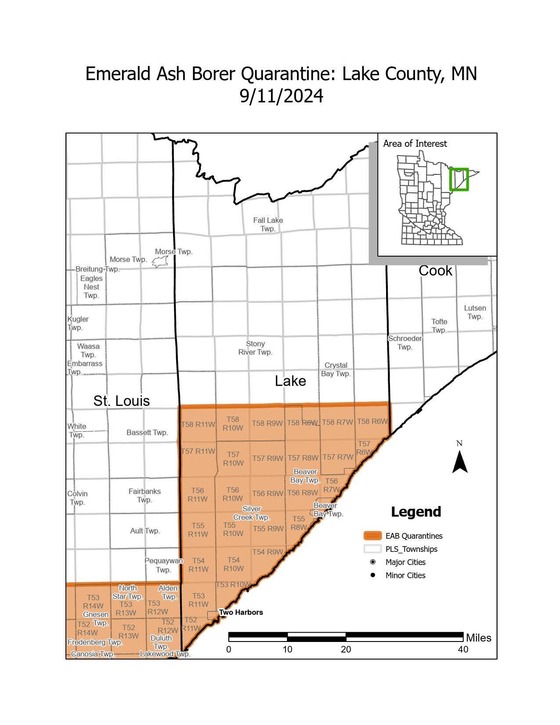 Map of quarantined area in Lake County, the southern half of the county is quarantined.