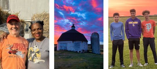 Three pictures from D Round Barn Berries. One of the two farmers, one of the barn, and one of their three teenage sons.