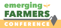 Designed text "Emerging Farmers Conference" with a hoe