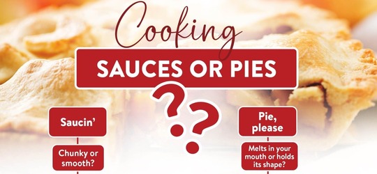 Picture of apple pie with a question mark over it and the text: Cooking, sauces or pies?