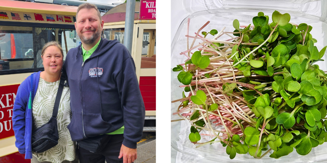 Two photos: Julie and Jeremy of Mighty Tiny Microgreens, and a package of their microgreens for sale.