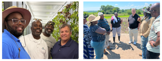 Two farm visits with many people standing in fields