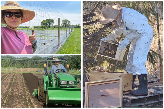 Collage showing woman by fence, person in beekeeping suit and man riding tractor