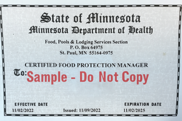 Example of a certified food protection manager certificate