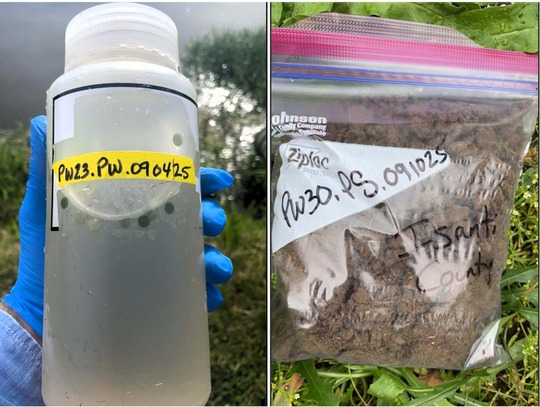 water sample in bottle and soil sample in plastic bag