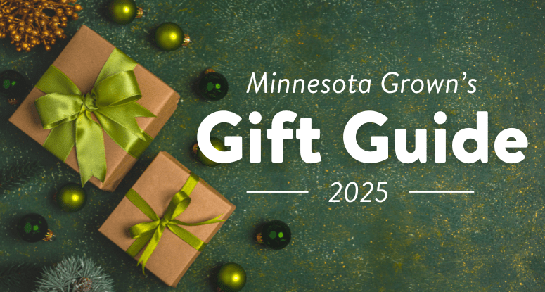Minnesota Grown's 2025 Gift Guide banner with presents wrapped in brown paper and green ribbons.