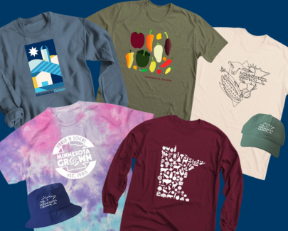 An assortment of Minnesota Grown branded shirts and hats