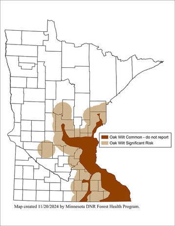 map of Minnesota showing the locations of oak wilt