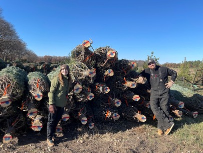two people standing in front of stack of cut holiday trees