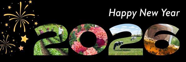 happy new year 2026, 2026 is photos of a group of farmers in a field, pink dahlias, two cows grazing, and a beekeeper looking at a frame