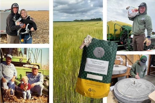 collage: vintage photos of farmers & child, man with grain bag, wheat field, couple holding black & white dog in wheat field, cleaning mill stone