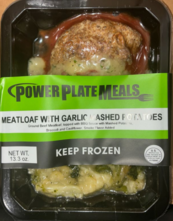 vacuum sealed plastic tray packages containing "POWER PLATE MEALS MEATLOAF WITH GARLIC MASHED POTATOES"