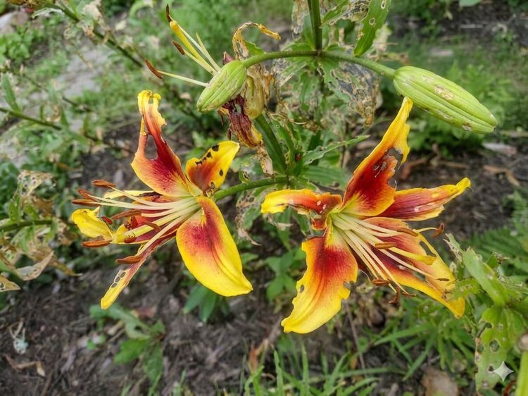 ornamental lilies with feeding damage from lily leaf beetles