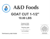 cardboard boxes containing individually vacuum-packed A&D Foods “GOAT CUT 1-1/2" 10.00 LBS”