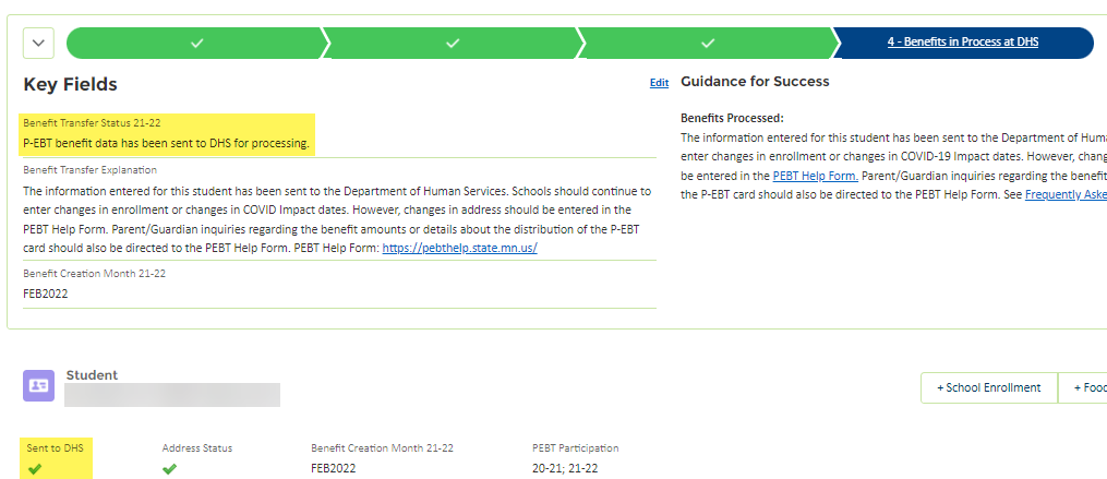 Benefit Transfer Message. A green checkmark means the student's data was sent to DHS for processing