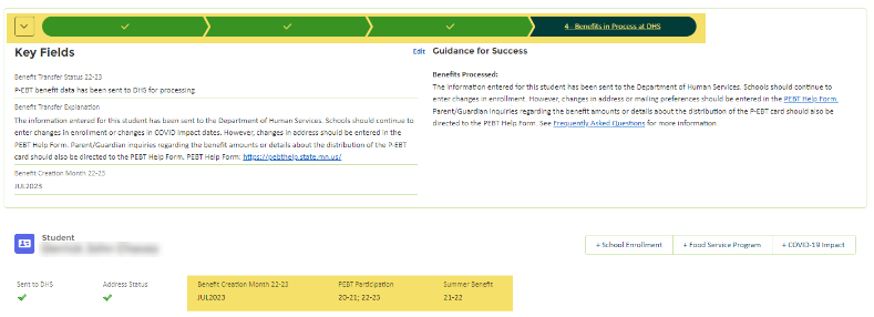 Screenshot from P-EBT portal showing overview of benefit details on a student's record