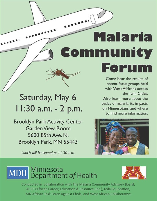 Image of Malaria Community Forum flyer, event held on Saturday, May 6, 2017