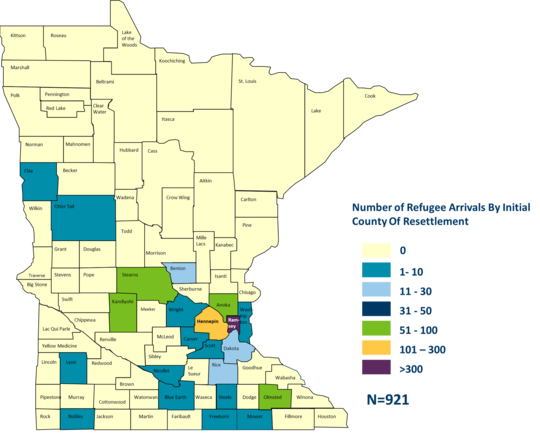 Map identifying these MN counties as having refugees that resettled: Ramsey: more than 300. Hennepin: 101-300. Stearns, Kandiyohi, Anoka: 51-100.