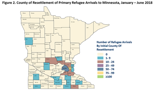 primary refugee arrivals to Minnesota from January to June 2018 by county of resettlement