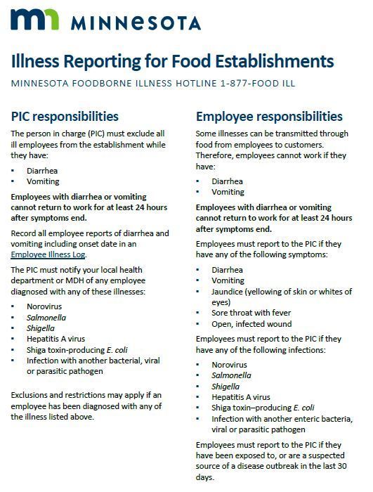 Illness Reporting for Food Establishments fact sheet