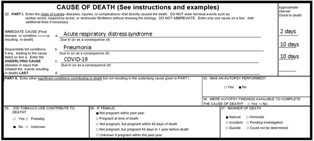 example of cause of death when COVID-19 is a cause of death