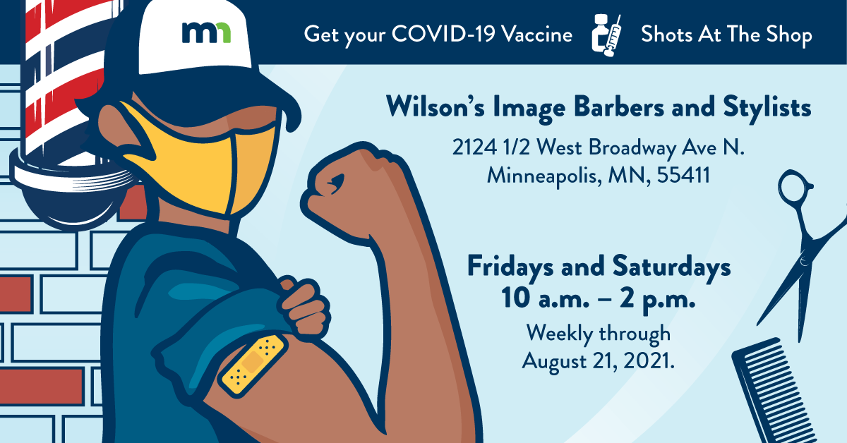 Illustration - Shots at the Shop - vaccines at Wilson's Image Barbers, Fridays and Saturdays through August 21