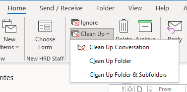 Screenshot of the Outlook interface shwoing the Clean Up tool options in the Home tab.