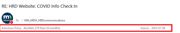 Screenshot of an Outlook email header showing the Retention Policy and Expiration date (circled in red)