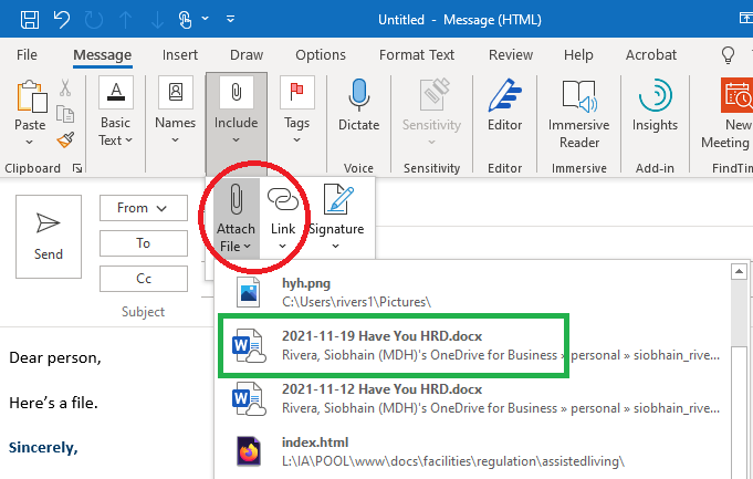 Outlook message with a red circle around the Attach File and Link buttons; a green outline around one of the files in the expanded Attach File list.